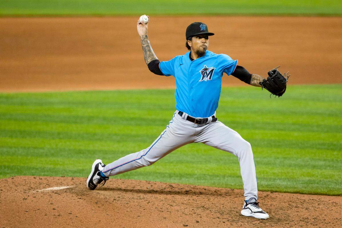 Marlins right-handed pitcher Sterling Sharp pitches during the third day of Marlins training camp at Marlins Park in Little Havana, Florida on Saturday, July 4, 2020.