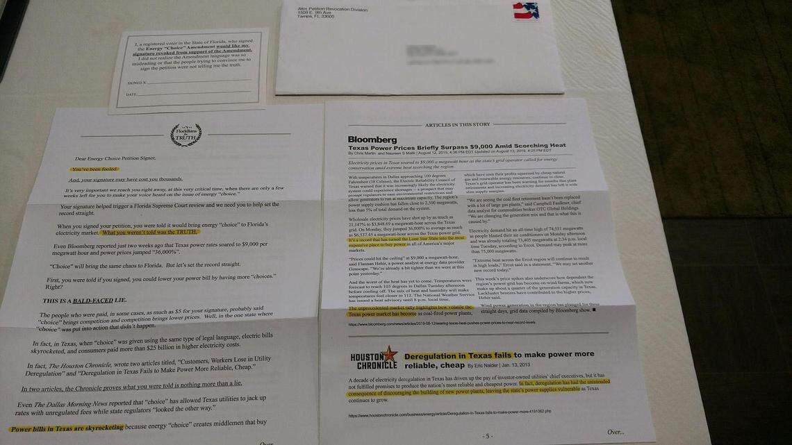 Mailers targeting a proposed amendment that would deregulate the state’s monopoly utilities tell voters they were lied to and ask them to sign a slip to rescind their signature from the petition.