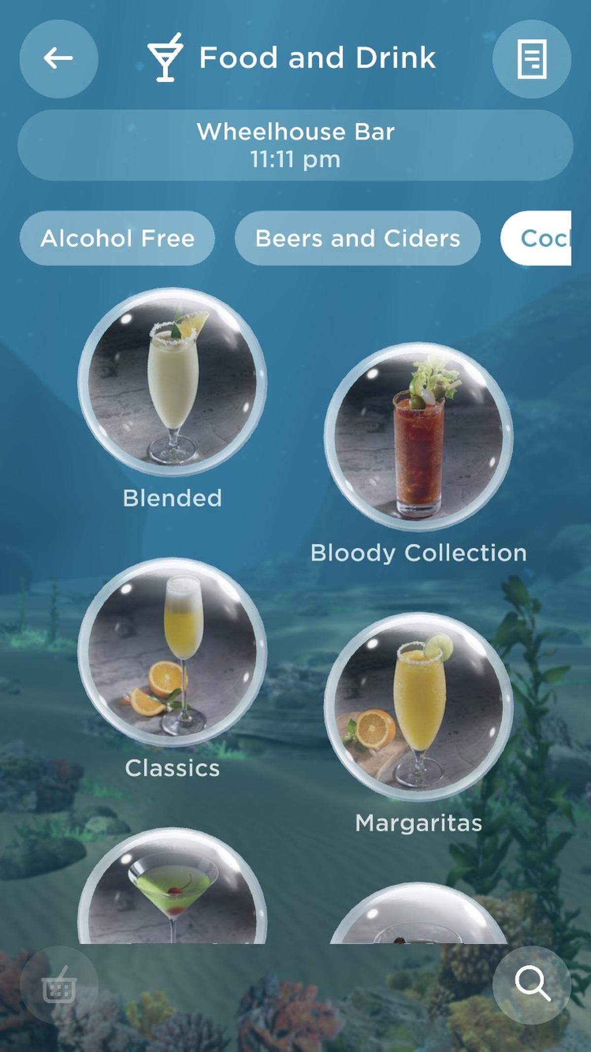A screenshot of the menu on the new OceanNow on-demand food and beverage app from Carnival Corporation on February 25, 2016.