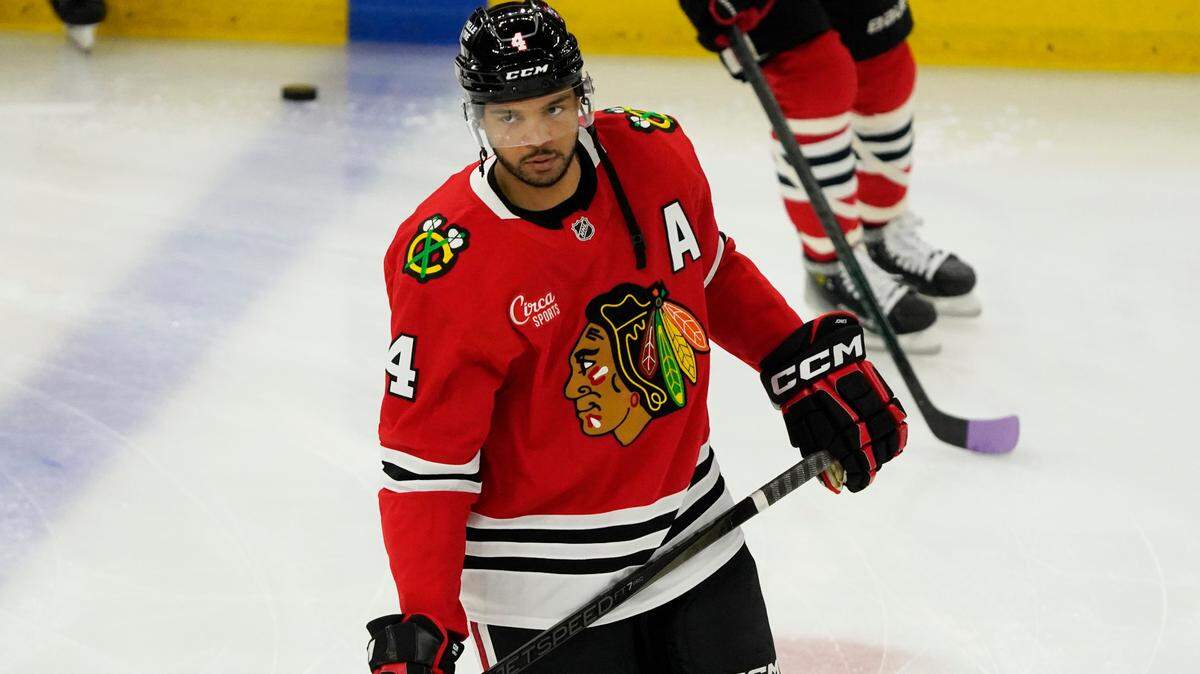 Jan 26, 2025; Chicago, Illinois, USA; Chicago Blackhawks defenseman Seth Jones (4) warms up before a game against the Minnesota Wild at United Center. Mandatory Credit: David Banks-Imagn Images