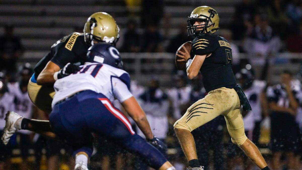 Western Wildcats quarterback Collin Hurst (8) looks on before attempting to throw the football against Columbus during a second-round high school football playoff game at Western High School in Davie, Florida on Friday, November 19, 2021.