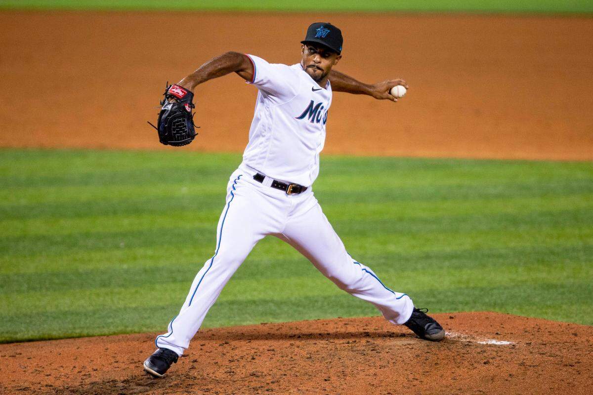 Marlins left-handed pitcher Stephen Tarpley throws the ball during a scrimmage at Marlins Park in Miami, Florida on Friday, July 10, 2020.
