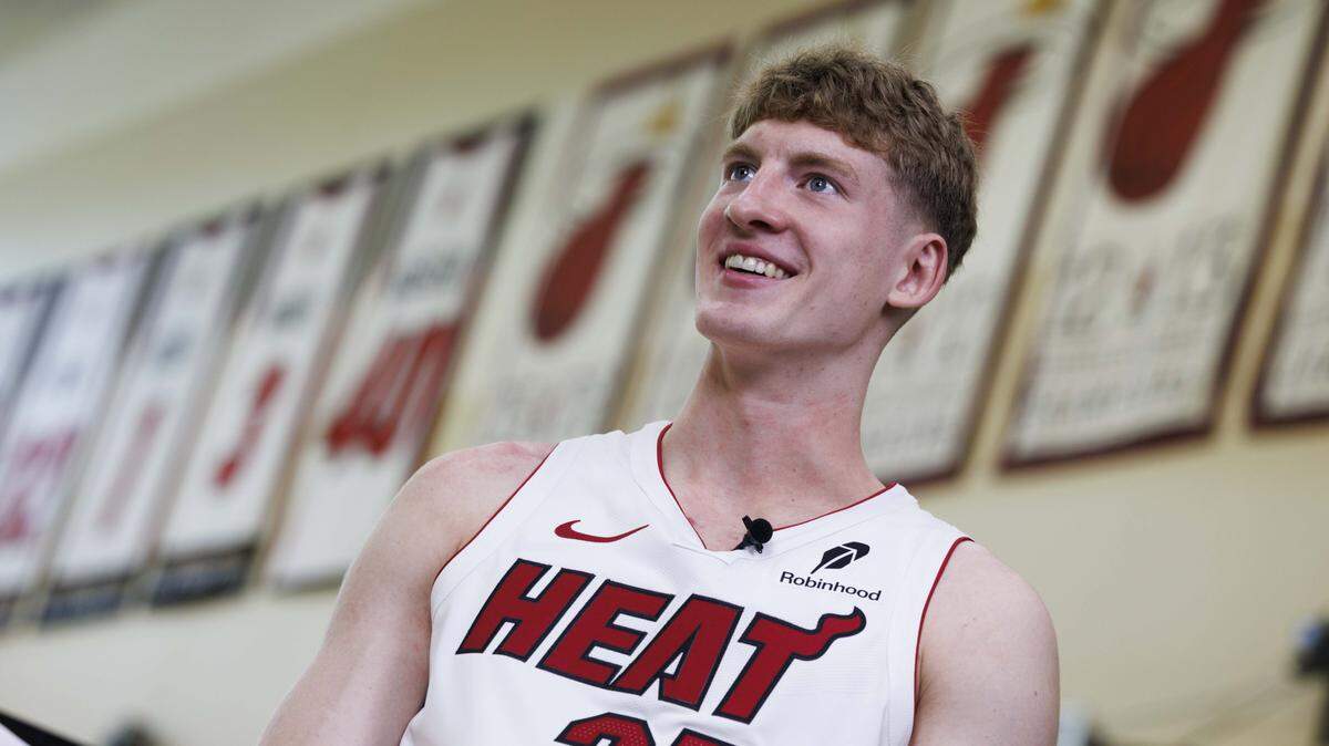 Kasparas Jakucionis (25) sits in an interview during the Miami Heat Media Day on Sept. 29, 2025, at Kaseya Center in Miami.