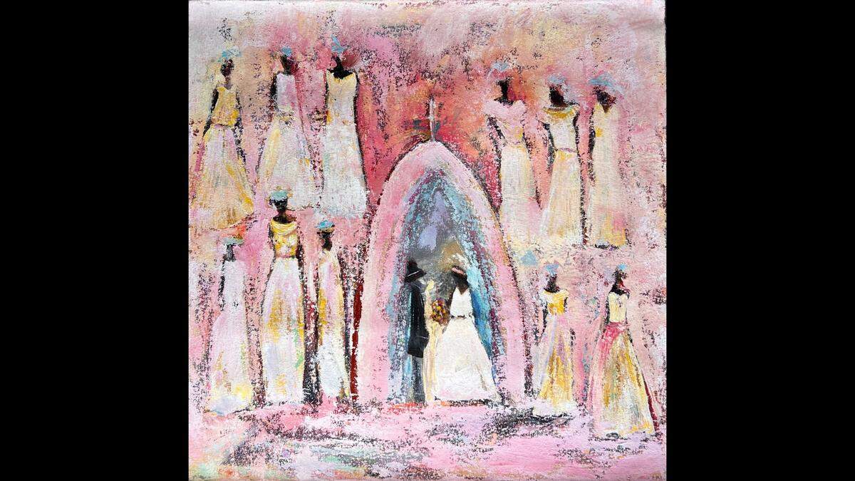 This wedding artwork by Caribbean Craft Artist Dominik Ambroise is featured in the “Window of Hope” exhibition at Aventura Mall, Sept. 1-10. Artwork in the show reflects Haitian culture and heritage. 