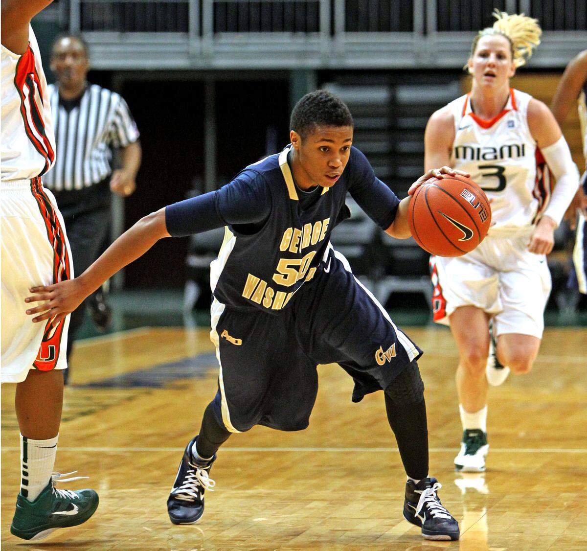 George Washington University Women’s Basketball player Kye Allums takes the down court as they play University of Miami’s at the BankUnited Center at the University of Miami, Miami, Florida, December 28th, 2010. Allums is one of the first openly transgender male student-athletes to compete in Division 1 women’s basketball.