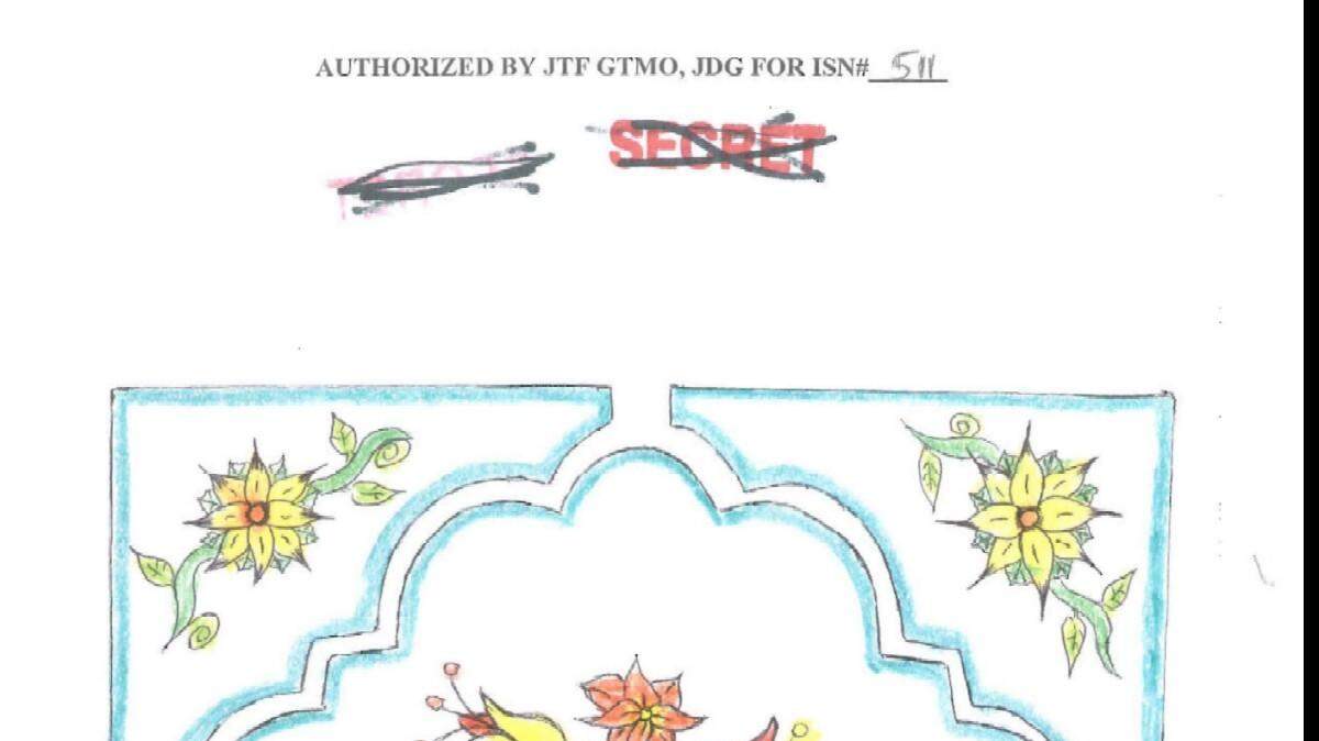 Detainee Suleiman al Nahdi, a 33-year-old Yemeni, sketched this greeting card for his American attorneys at the U.S. Navy base at Guantánamo Bay, Cuba, last year.  Military censors stamped it SECRET and put it in a secure file until his attorneys got it declassified.