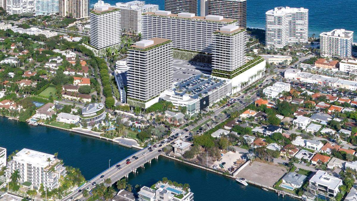 Una representación arquitectónica muestra la propuesta de ampliación de Bal Harbour Shops (en el centro), con cuatro torres que albergarían mano de obra, apartamentos de lujo y un hotel que se elevarían desde la propiedad del centro comercial en Collins Avenue y 96 Street.