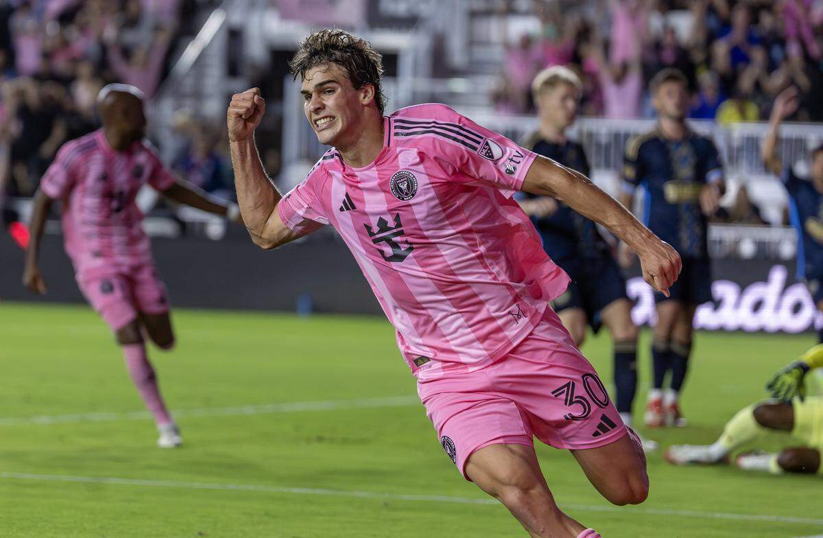 Inter Miami midfielder Benjamin Cremaschi (30) celebrates after teammate Robert Taylor (16) scores during the first half of their MLS match against the Philadelphia Union at Chase Stadium on Saturday, March 29, 2025, in Fort Lauderdale, Fla.