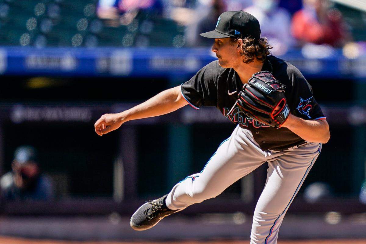 Miami Marlins starting pitcher Nick Neidert throws during the first inning of a baseball game against the New York Mets, Thursday, April 8, 2021, in New York.