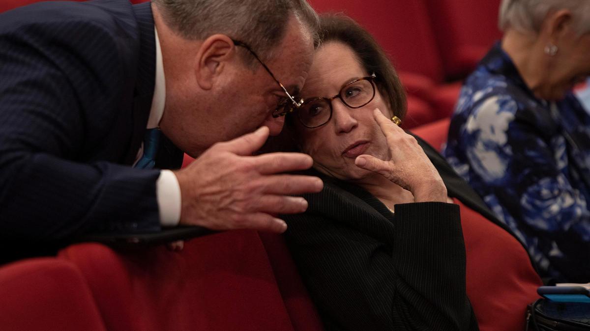Aventura Mayor Enid Weisman listens to Neisen Kasdin, a former Miami Beach mayor and a lawyer representing the Aventura Mall, at County Hall in October 2019.