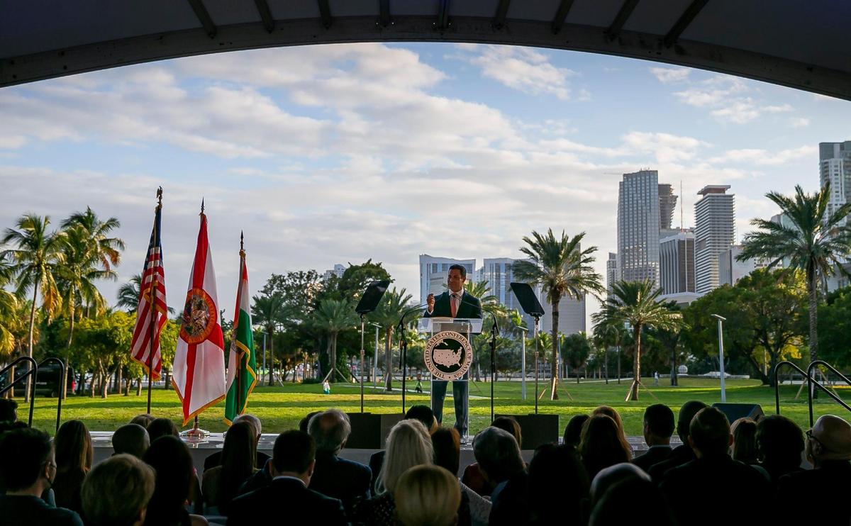 Miami Mayor Francis Suarez speaks after being inaugurated as the 80th president of the U.S. Conference of Mayors at Maurice A. Ferré Park in downtown Miami on Monday, Jan. 3, 2022.
