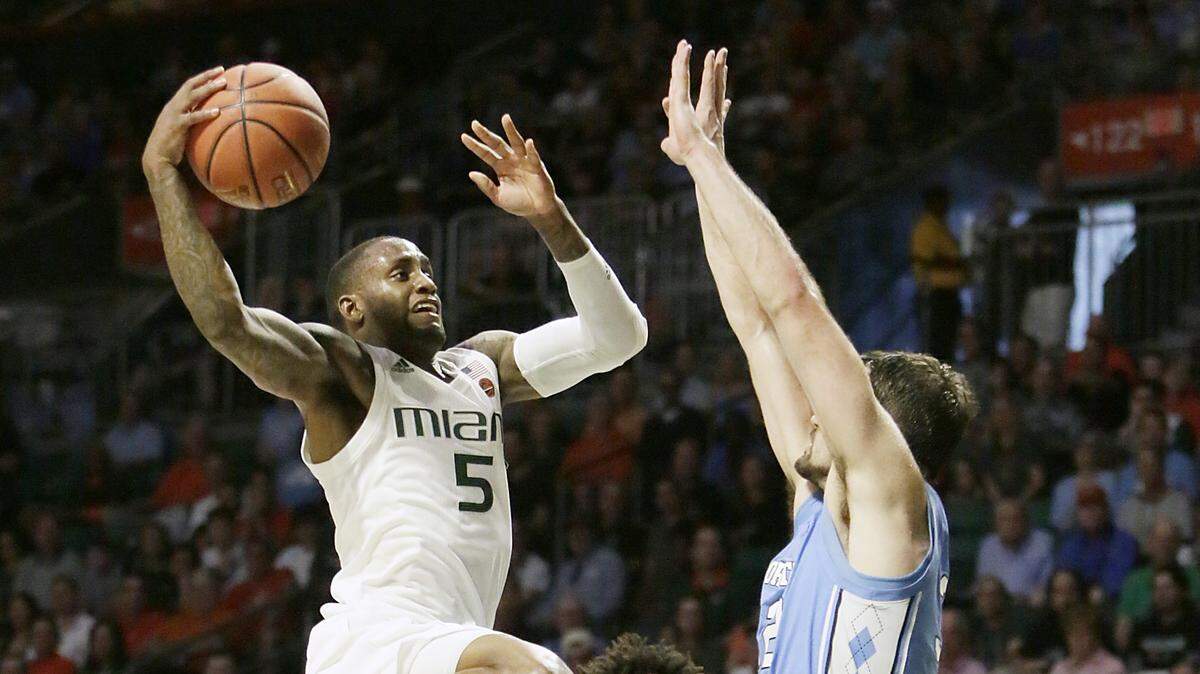 UM Hurricanes’ Zach Johnson (5) goes for a dunk against North Carolina Tar Heels during the basketball game on Saturday, Jan. 19, 2019 at Watsco Center in Coral Gables, Fla.