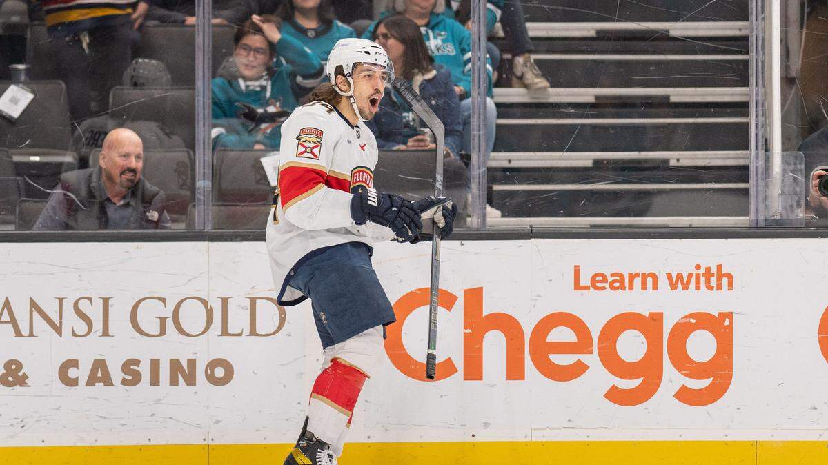 Nov 14, 2023; San Jose, California, USA; Florida Panthers left wing Ryan Lomberg (94) reacts after scoring a goal during the first period against the San Jose Sharks at SAP Center at San Jose. Mandatory Credit: Stan Szeto-USA TODAY Sports