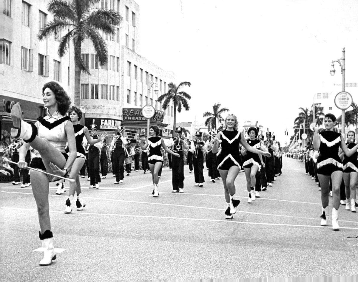Miami Beach High majorettes march down Lincoln Road toward Washington Avenue in 1960.