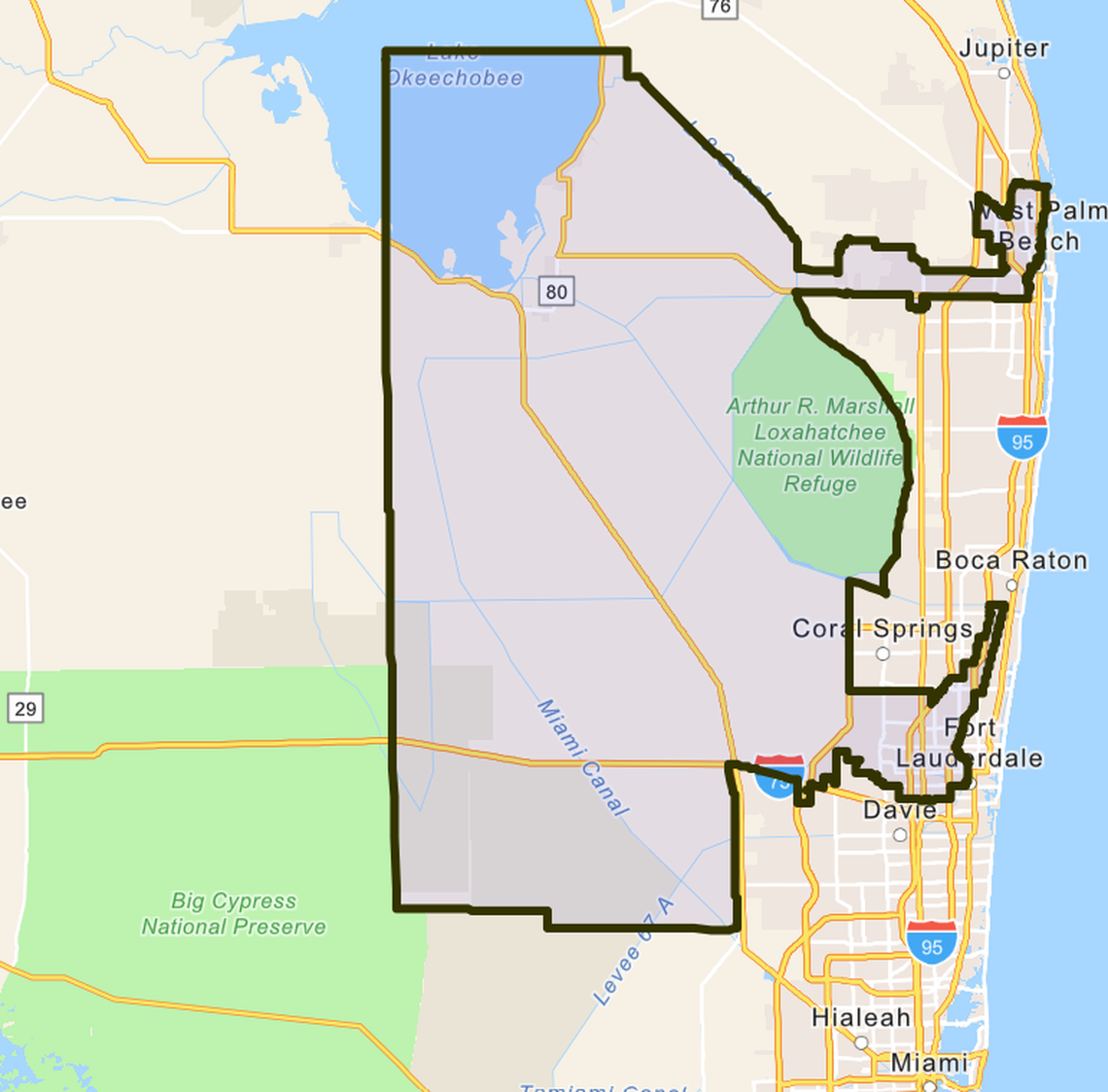 The shaded area is Florida’s 20th Congressional District.
