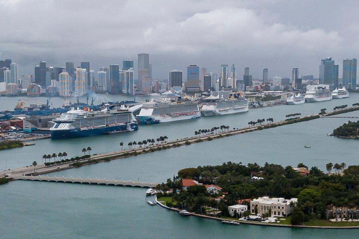 Cruise ships are docked at PortMiami on Friday, May 15, 2020, in Miami, Florida.