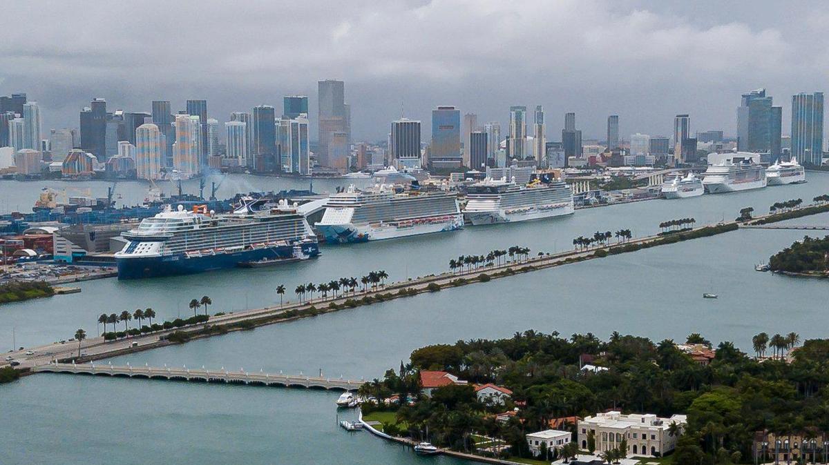 Cruise ships can be seen docked at PortMiami on Friday, May 15, 2020, in Miami, Florida.