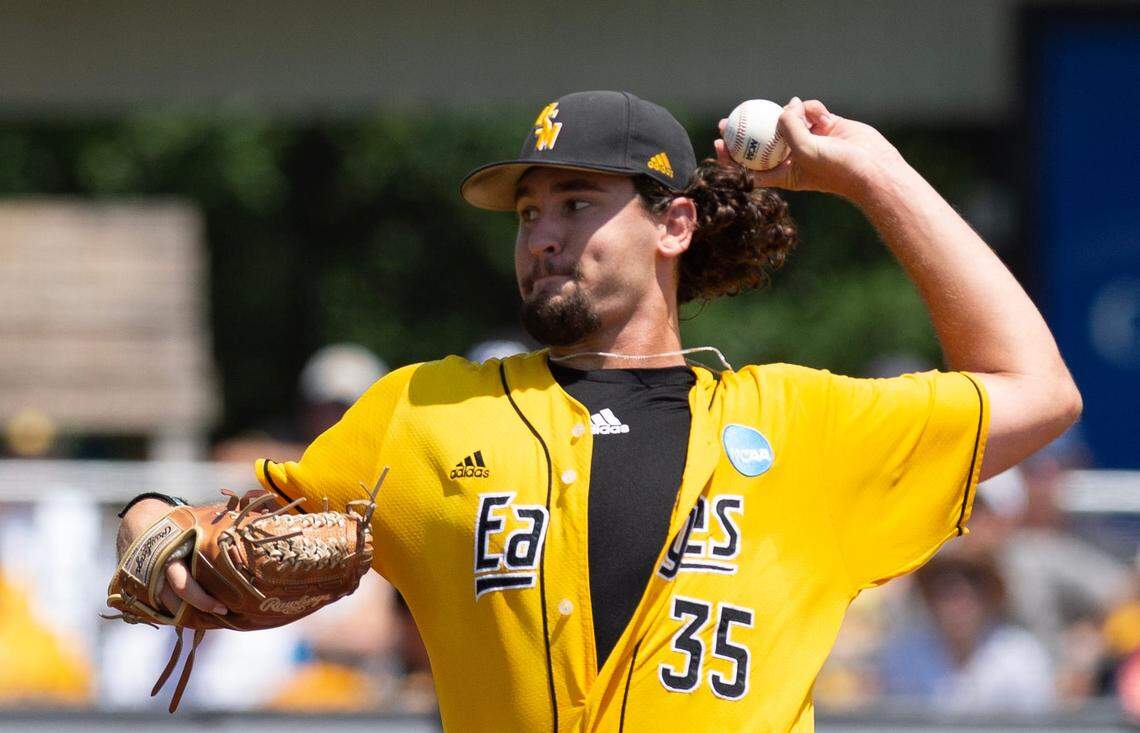 Southern Mississippi pitcher Justin Storm throws against Tennessee during Game 1 of the NCAA Hattiesburg super regional in Hattiesburg, Miss., Sunday, June 11, 2023. Game 1 began in the fifth inning after weather delays on Saturday.