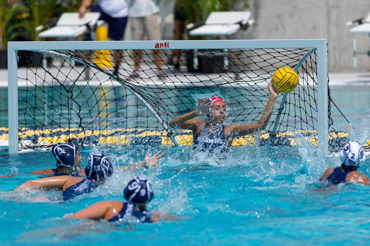 Gulliver Prep goalie Sofia Beltran (1) blocks a shot during the 2023 Girl’s State Championship at Belen Gian Zumpano Aquatic Center in Miami, Florida, on Saturday, April 15, 2023.