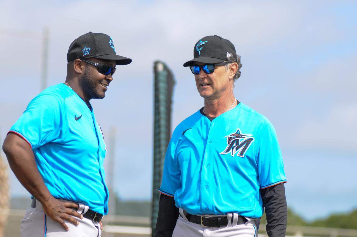 Miami Marlins bench coach James Rowson (left) and manager Don Mattingly talk during a spring training practice on Saturday, Feb. 15, 2020, at the Roger Dean Chevrolet Stadium complex in Jupiter, Florida.