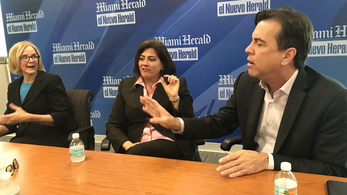 Three candidates for Miami-Dade's District 5 commission race hold a mini debate on April 23 before the Miami Herald's Editorial Board. From left:  Eileen Higgins, Zoraida Barreiro, and Alex Diaz de la Portilla. The fourth candidate, Carlos Garin, did not attend. The special election to fill the seat is Tuesday, May 22.