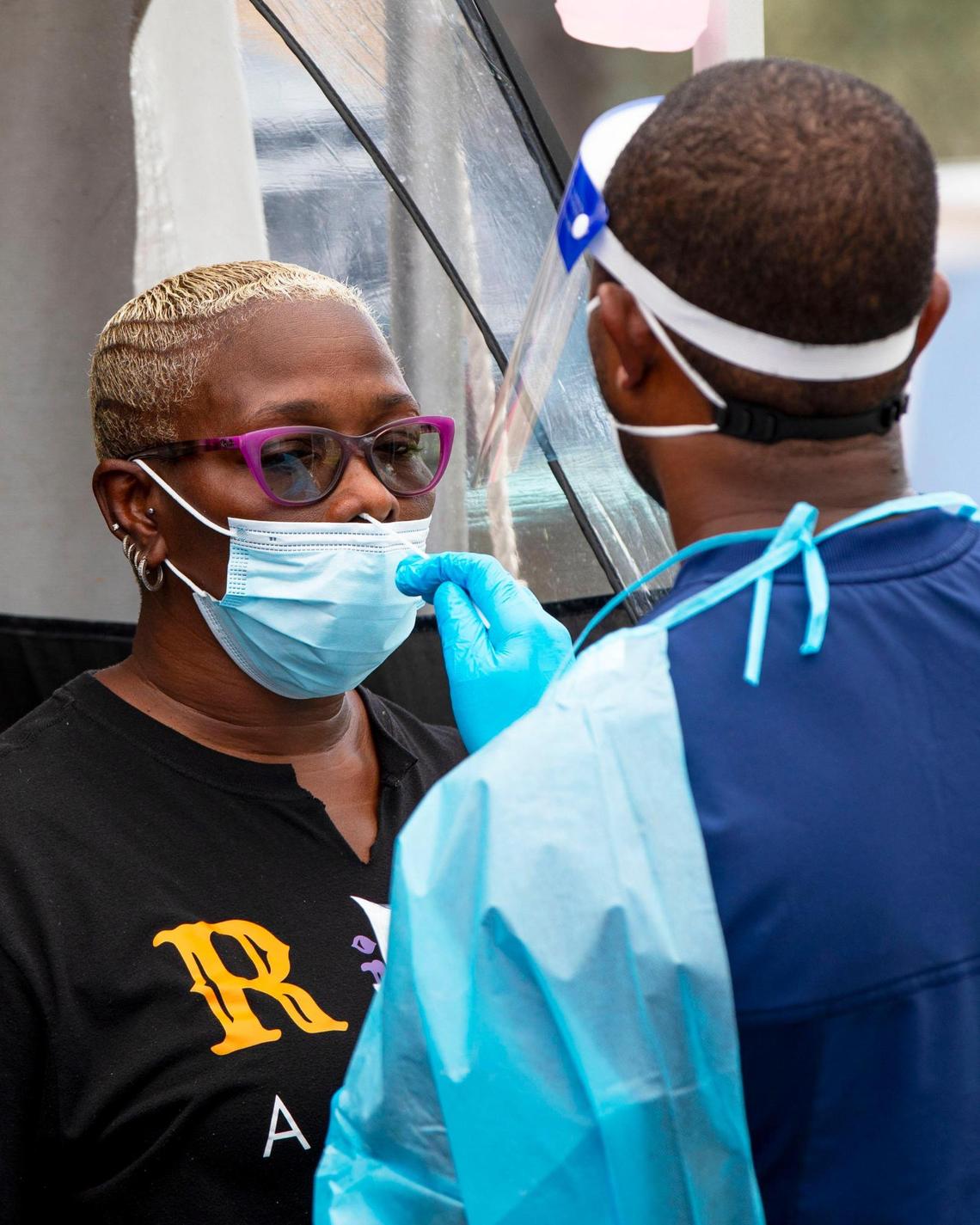 Twila Jones, 56, gets tested for COVID-19 at a testing center at Cagni Park in North Miami, Florida, on Friday, July 30, 2021.