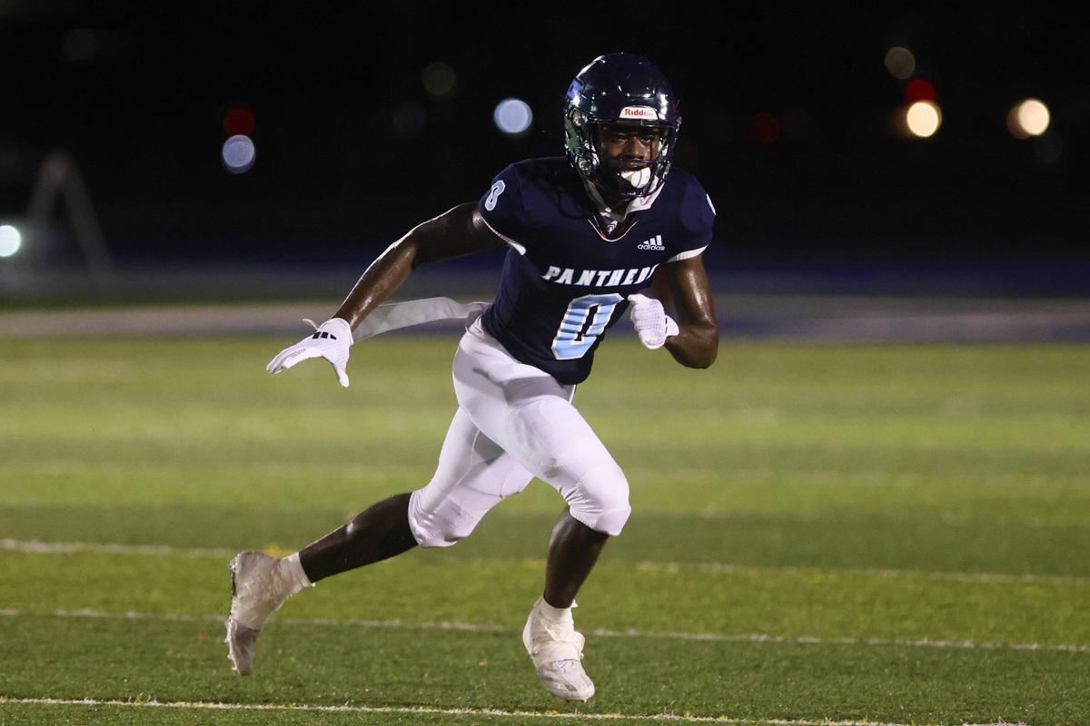 Palmetto Panthers wide receiver Cameron Sapp (0) runs on the field against the Columbus Explorers during the third quarter of a high school football game at Tropical Park Stadium in Miami, Florida, on Friday, September 13, 2024.