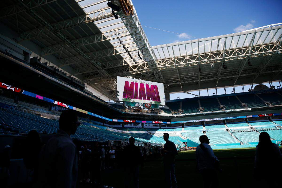 Preparations are underway during a tour of the Hard Rock Stadium on Tuesday, Jan. 21, 2020, ahead of the NFL Super Bowl LIV football game in Miami Gardens, Fla.