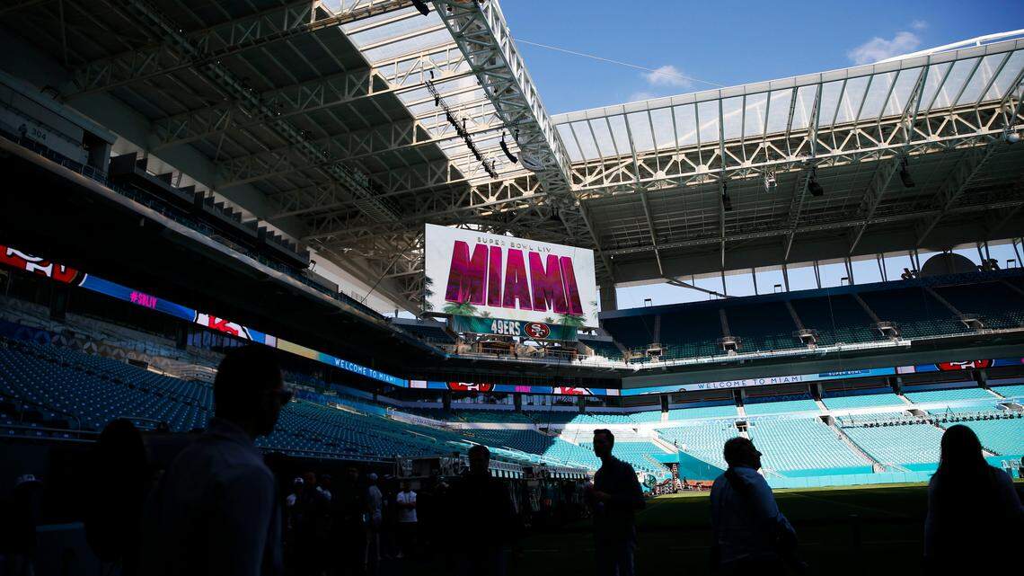 Preparations are underway during a tour of the Hard Rock Stadium on Tuesday, Jan. 21, 2020, ahead of the NFL Super Bowl LIV football game in Miami Gardens, Fla. 