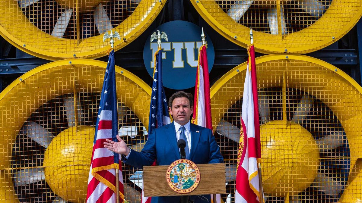 Florida Governor Ron DeSantis announces new lower insurance rates coming for Florida residents during a press conference at the Florida International University – Wall of Wind, on Wednesday February 05, 2025.