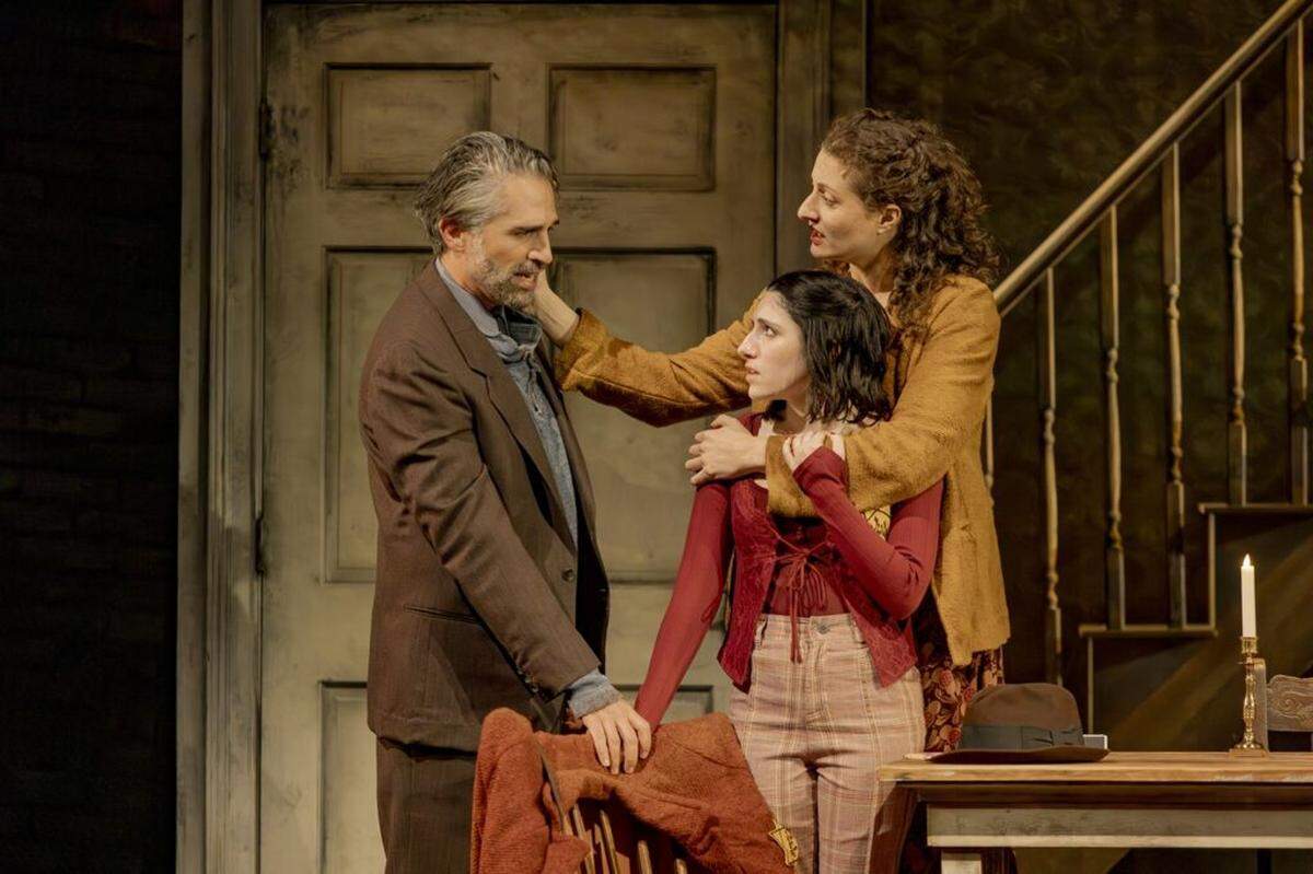 Ben Cherry (Yaacov), Lana Schwartz (Rutka), and Bex Odorisio (Dvorah) from the Cincinnati Playhouse in the Park world premiere of “Rutka.”