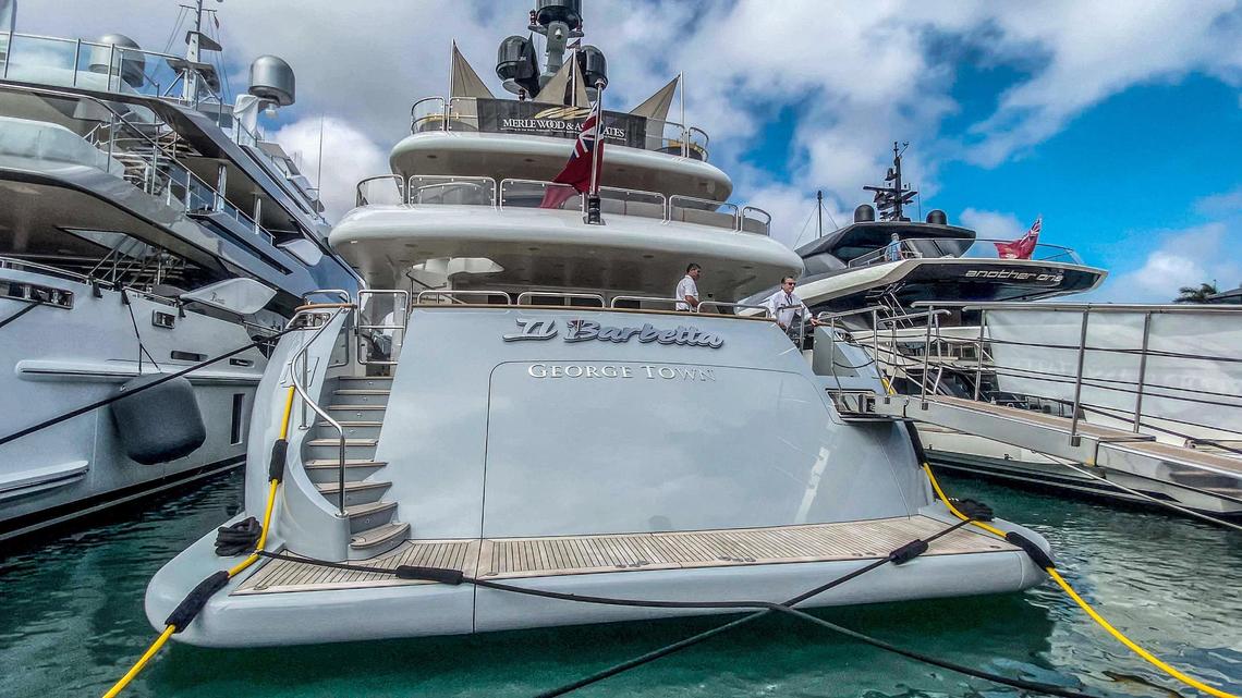 View of the Il Barbetta, a superyacht measuring 145 feet docked at Island Gardens Marina. It’s for sale for $14.5 million during the 2022 Miami International Boat Show.
