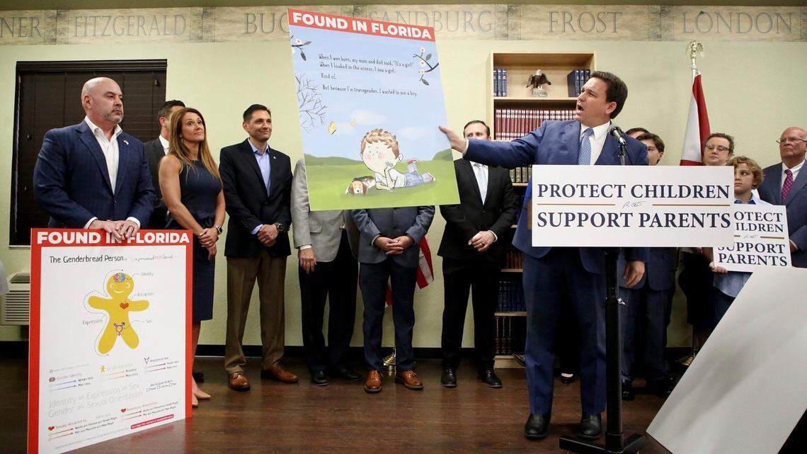 Florida Gov. Ron DeSantis shows an image from the children’s book “Call Me Max” by transgender author Kyle Lukoff moments before signing the Parental Rights in Education bill during a news conference on Monday, March 28, 2022, at Classical Preparatory school in Shady Hills. At left is an image of “The Genderbread Person,” a teaching tool used for breaking the concept of gender.