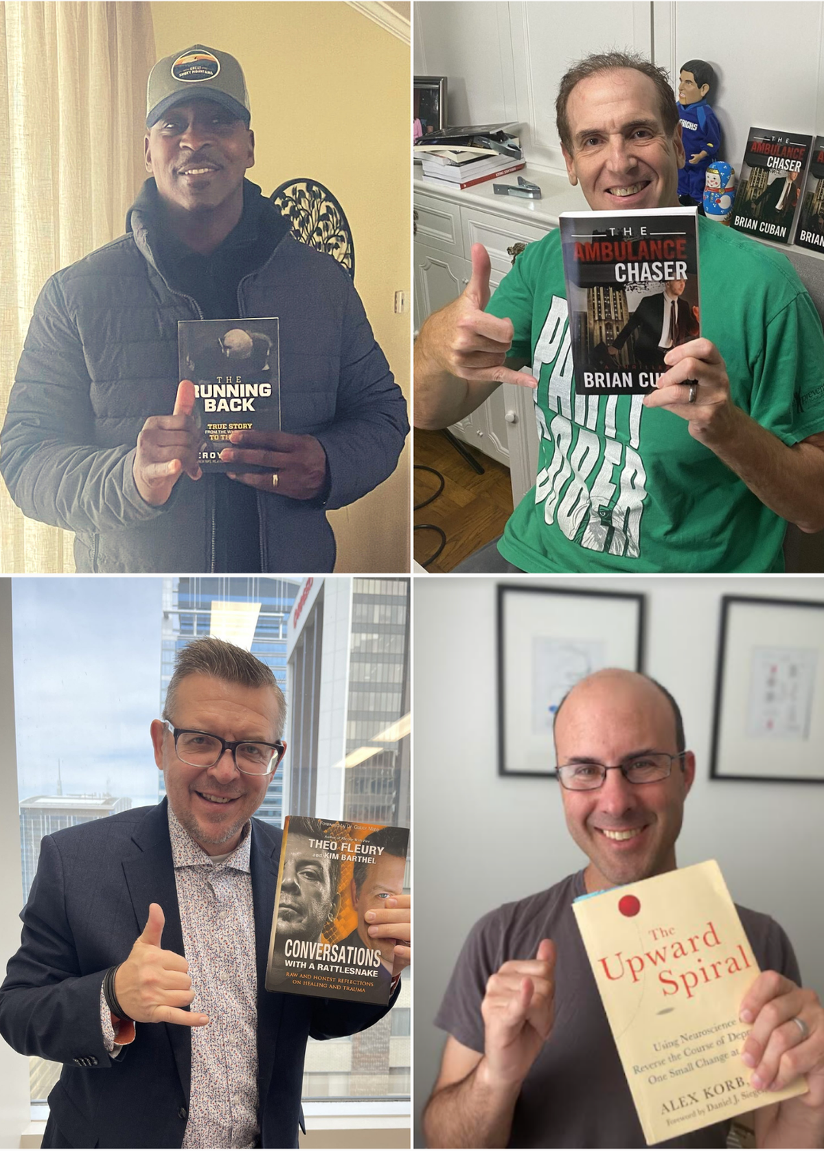 Some of the #SameHere Author’s Alliance notable authors include, clockwise from top left, former NFL running back Leroy Collins, attorney and motivational speaker Brian Cuban, neuroscientist Alex Korb, and NHL great Theoren Fleury.