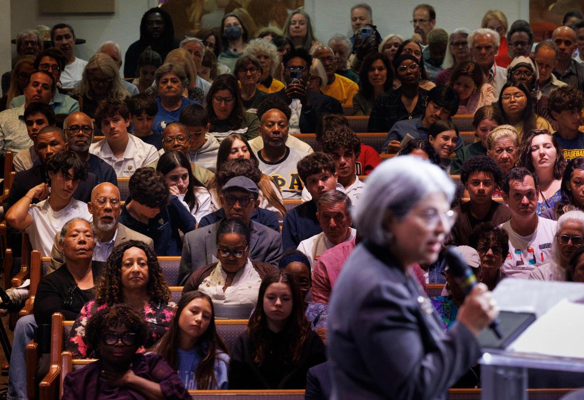 Attendees listen to Mayor Daniella Levine Cava make a pledge to the community during the PACT Nehemiah Action Assembly on Monday, April 7, 2025, at Sweet Home Missionary Baptist Church in Cutler Bay, Fla.