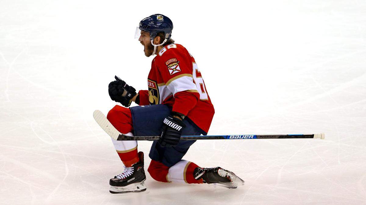 Florida Panthers left wing Mike Hoffman (68) celebrates his second goal during the second period of the Panthers home opener NHL regular season hockey game against the Tampa Bay Lightning at the BB&T Center on Saturday, October 5, 2019 in Sunrise.