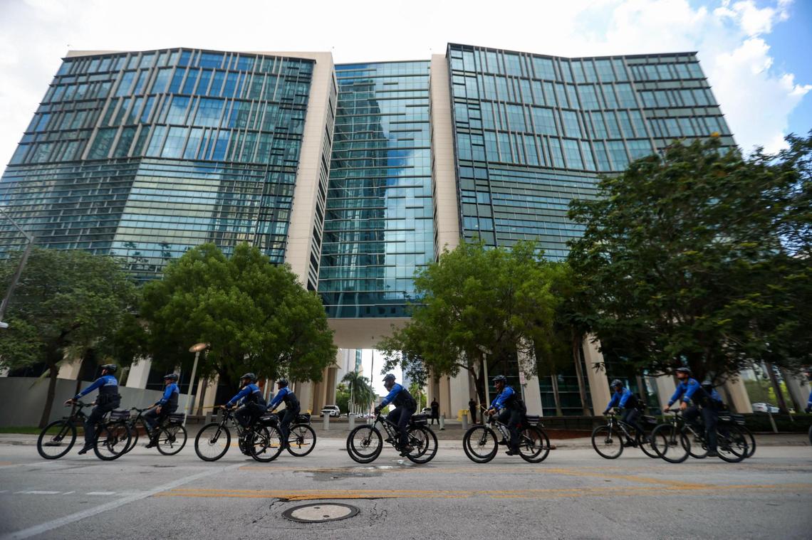The City of Miami Police Bicycle Response Team patrol outside the Wilkie D. Ferguson Jr. U.S. Courthouse, Tuesday, June 13, 2023, in Miami, where former President Donald Trump will be arraigned Tuesday afternoon.