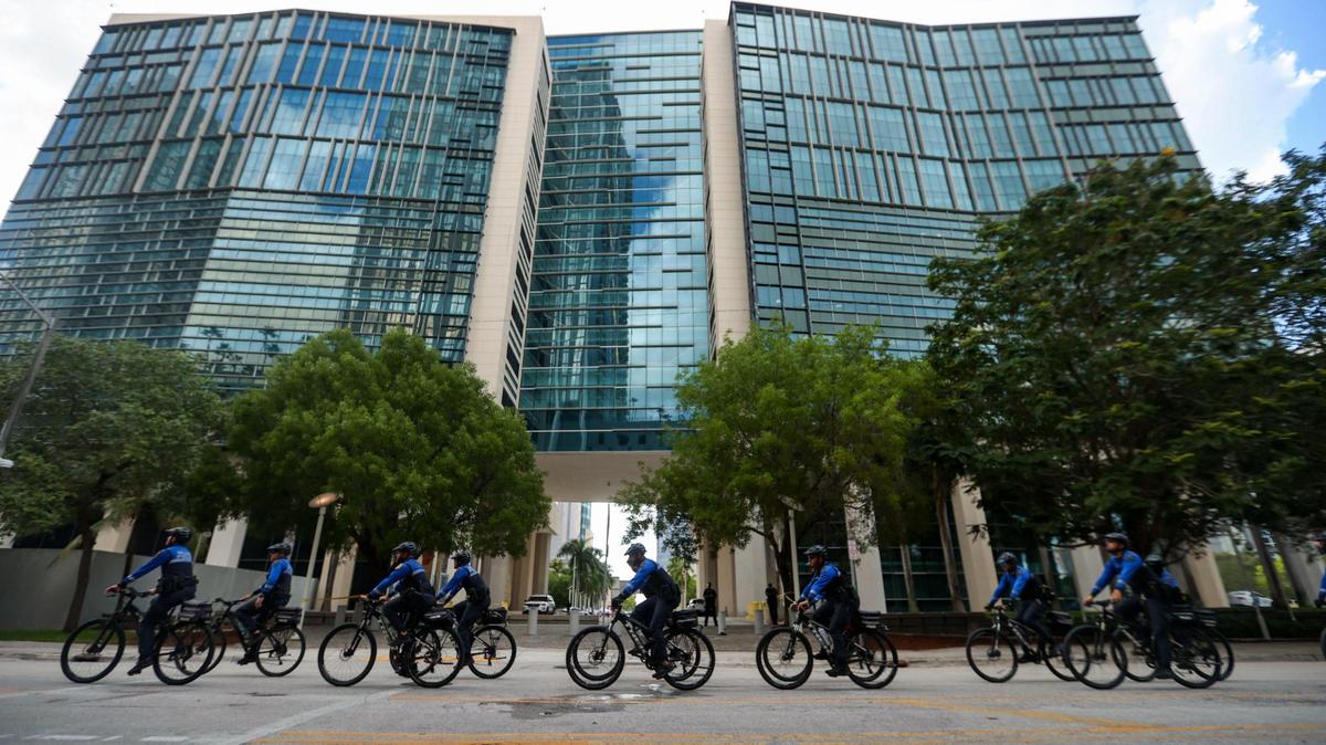 City of Miami Police Bicycle Response Team outside the Wilkie D. Ferguson Jr. U.S. Courthouse, Tuesday, June 13, 2023, in Miami. The weather forecast could bring thunderstorms and heat during former president Donald Trump’s 3 p.m. arraignment.