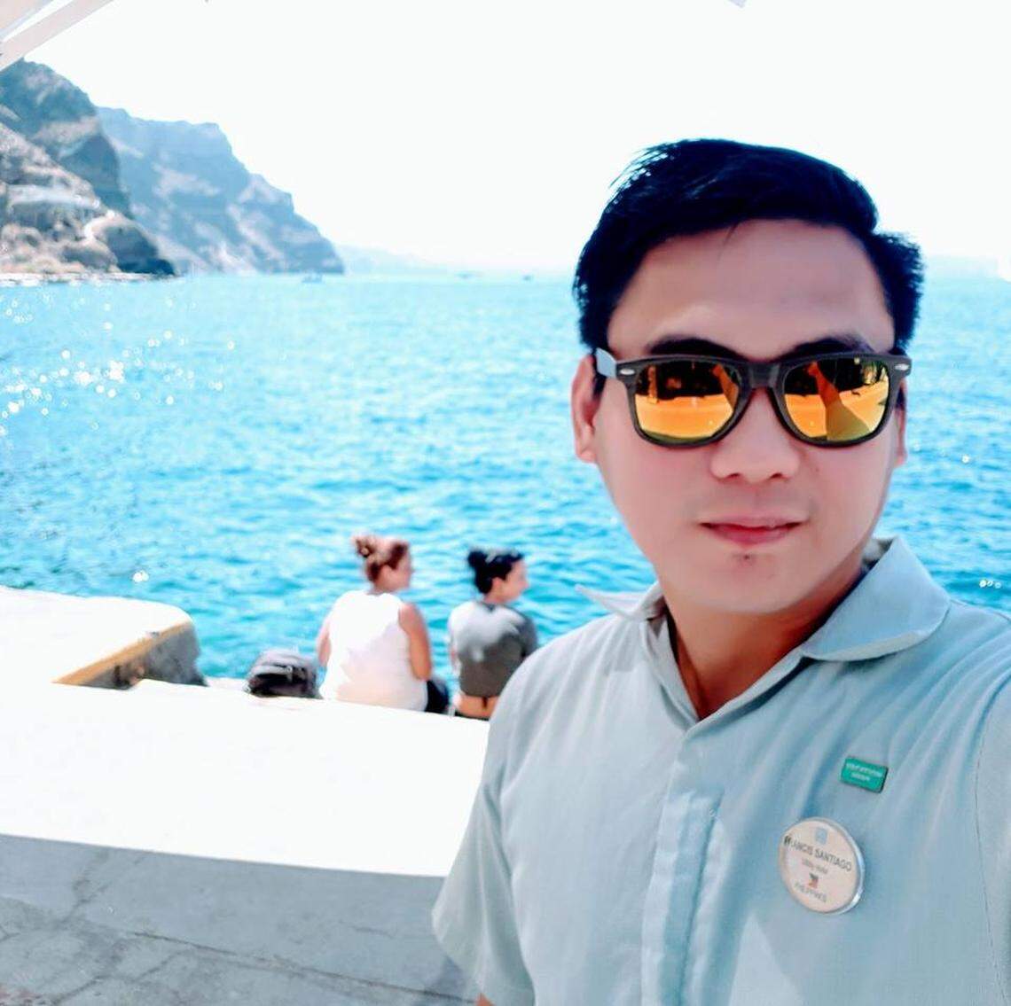 Francis Rakochi Santiago, the 33-year-old Filipino Norwegian Cruise Line employee who went overboard Saturday and was rescued Sunday by a Carnival Cruise Line ship.