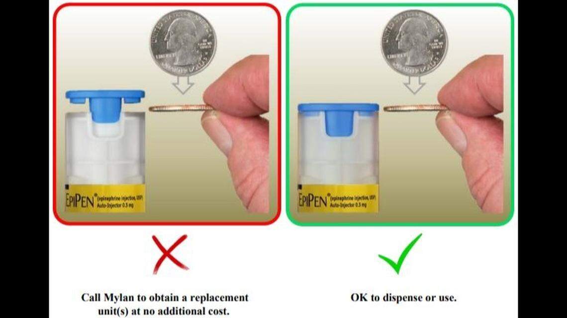 These photos from Pfizer’s letter to healthcare professionals show a raised blue safety release. This can cause the EpiPen to activate before it should, rendering it useless.