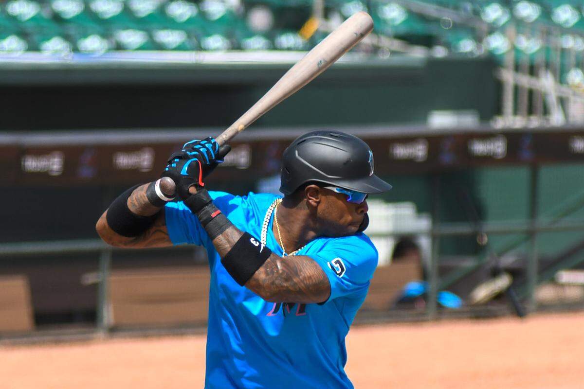 Miami Marlins outfielder Monte Harrison goes through a round of live batting practice during spring training on Saturday, Feb. 27, 2021, at Roger Dean Chevrolet Stadium in Jupiter, Florida.