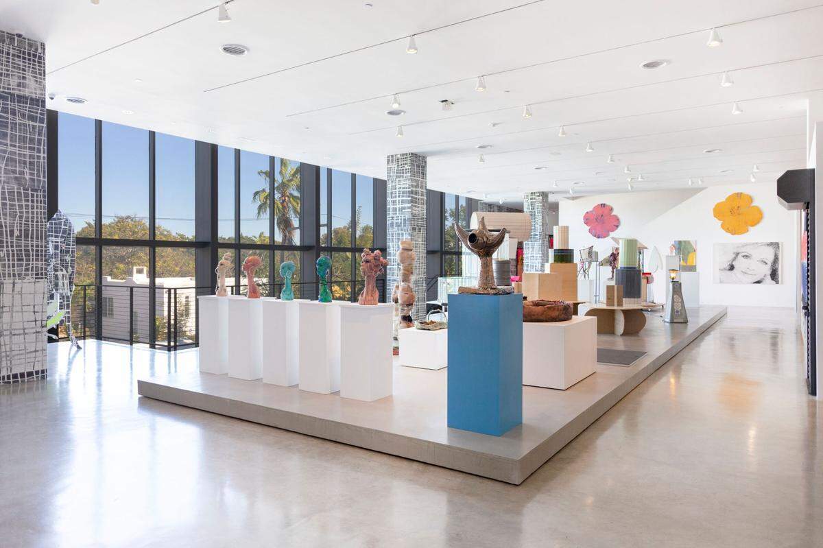 Installation view of “Together, at the Same Time” featuring work by Aaron Curry, Patricia Ayres, Arturo Herrera, Sterling Ruby, Manfred Pernice, Pepe Mar, Adam McEwen, Murjoni Merriweather, Isa Genzken, and Nate Lowman.