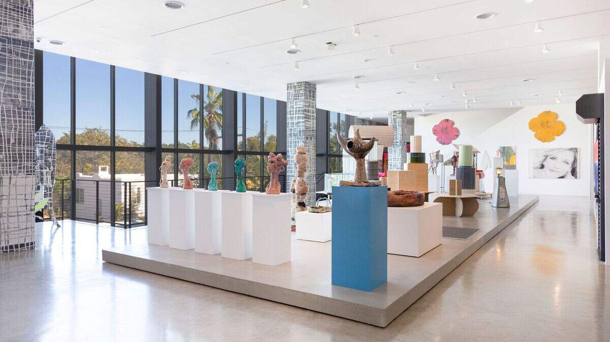 Installation view of “Together, at the Same Time” featuring work by Aaron Curry, Patricia Ayres, Arturo Herrera, Sterling Ruby, Manfred Pernice, Pepe Mar, Adam McEwen, Murjoni Merriweather, Isa Genzken, and Nate Lowman.