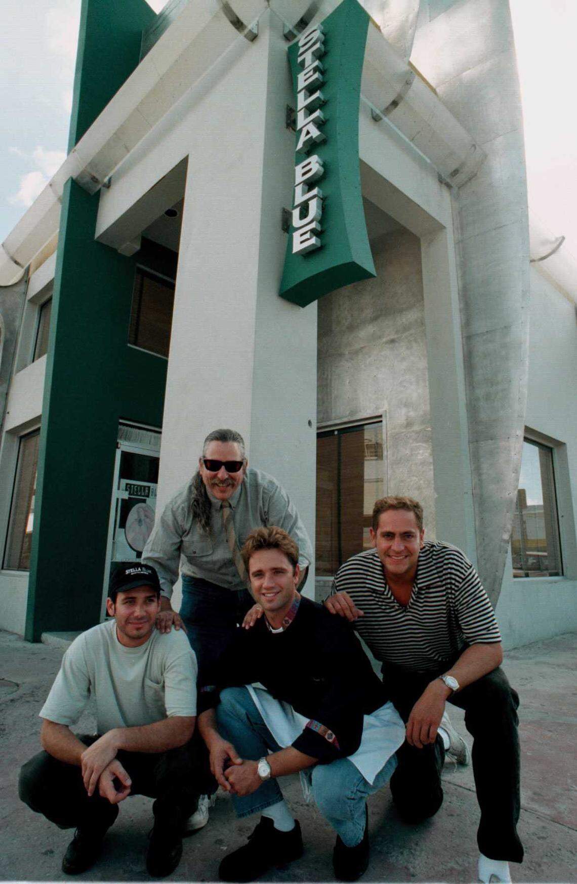 The folks that made Stella Blue happen on 1661 Merdian Ave. in Miami Beach in a file photo from Dec. 20, 1999. From left to right: Bobby Consolo, Scott Fredel, John Hussey and Woody Graber, standing in the back. Graber is still an active publicist in South Florida.