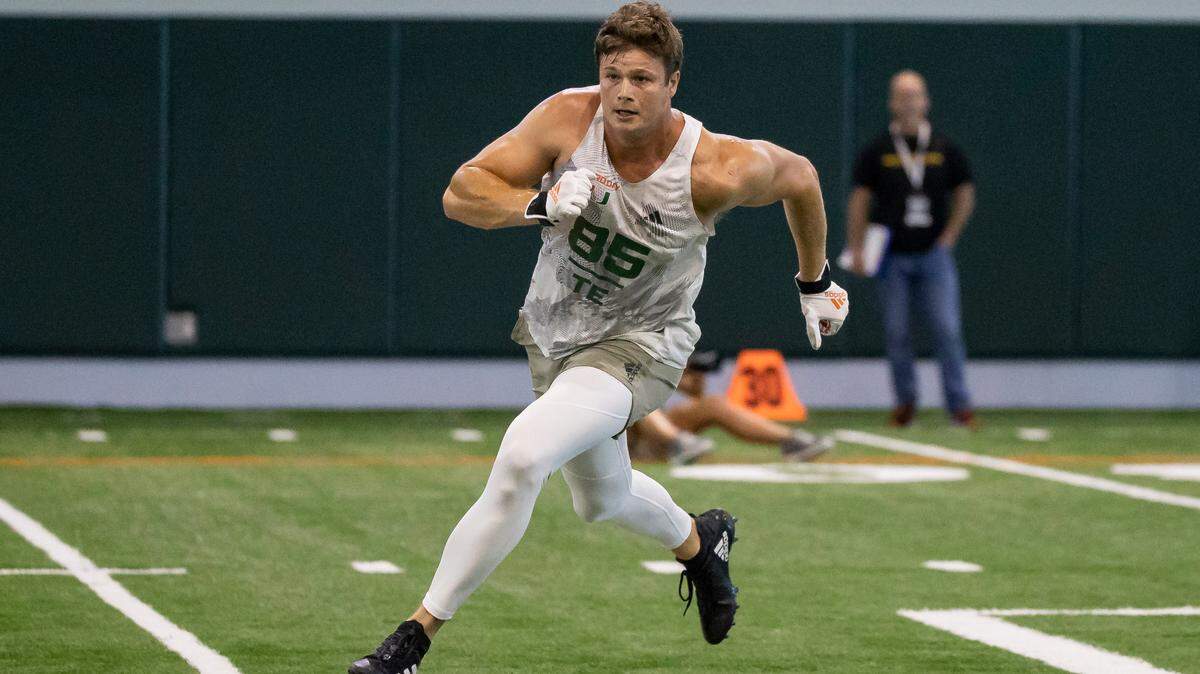 Tight end Will Mallory runs drills during Football Pro Day at the University of Miami’s indoor practice facility on Monday, March 27, 2023 in Coral Gables, Fla.