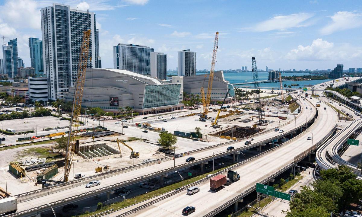 Aerial view of the I-395 construction project taking place near downtown Miami and Overtown on June 8, 2021. How was traffic and construction complaints not ranked higher on a July 2023 survey of Nextdoor posts in Miami?