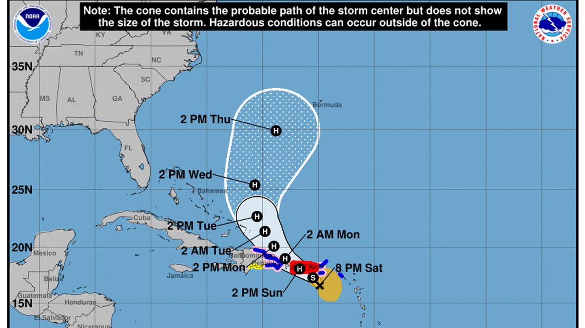 The 8 p.m. projected path of Tropical Storm Fiona.