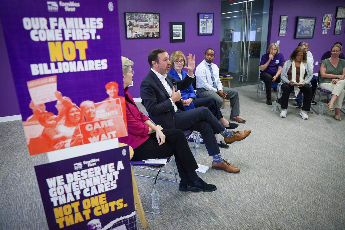 U.S. Sen. Elizabeth Warren (D-Mass.), left, Sen. Chris Murphy (D-Conn.),  and Sen. Tina Smith (D-Minn.), met with Obamacare enrollees on Monday, November 3, 2025 at the SEIU Local 1991 in Miami, Florida. 