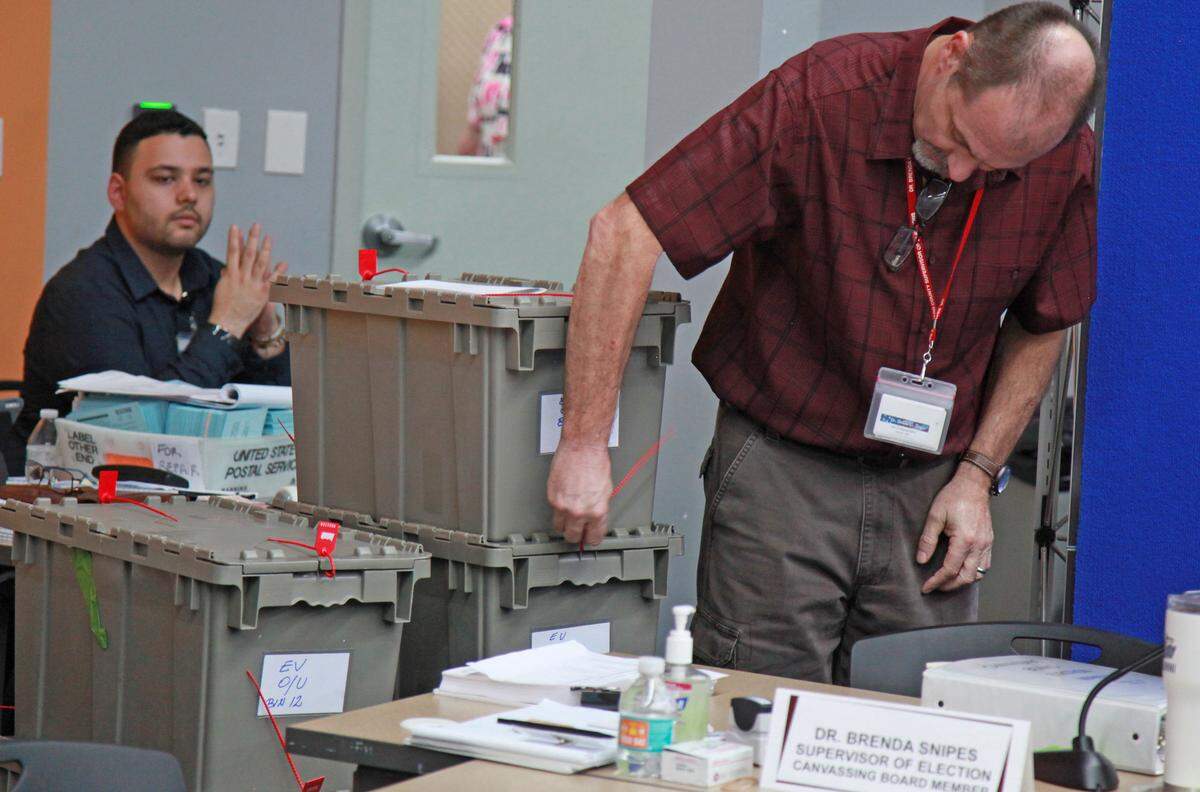 Broward election planning director Joseph D’Alessandro, right, works on recounting votes from the midterm elections on Tuesday, Nov. 13, 2018, at the Broward Supervisor of Elections Office in Lauderhill, Florida.