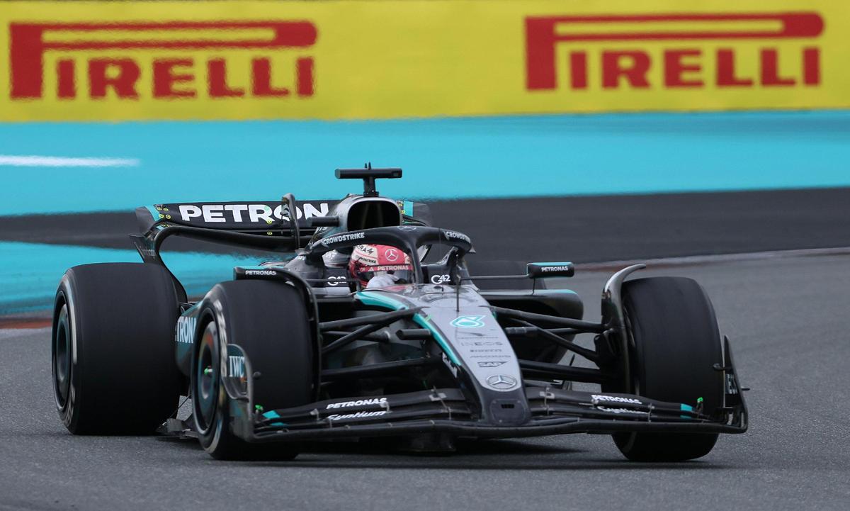 Mercedes driver George Russell of Britain takes Turn #6 during the Formula One Miami Grand Prix at the Miami International Autodrome on Sunday, May 4, 2025, in Miami Gardens, Fla.